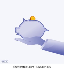 Money saving in piggy bank. Blue background Concept. Concept of savings. Money collected for charity. Vector illustration flat design. Graphic design