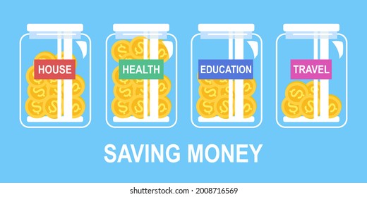 Money saving planning infographic concept. Dollar coins in jars in flat design.