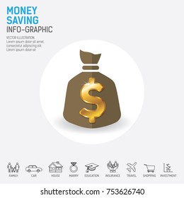 Money saving planning info-graphics concept. Use for business, marketing, creative, web design and graphics. Info-graphic inspire to drive your business project. Vector illustration. 