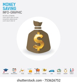 Money saving planning info-graphics concept. Use for business, marketing, creative, web design and graphics. Info-graphic inspire to drive your business project. Vector illustration. 