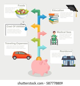 Money saving planning infographics template. Golden coins putting into a pink piggy bank. template for workflow layout, banner, diagram, number options, web design, timeline.