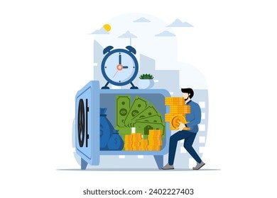 Money saving and profit concept, Financial goals, character carrying coins to save, Personal financial management and financial literacy. wealth management and investment plans. vector illustration.