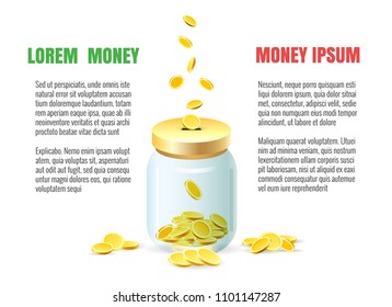 Money saving. Save dollar coins in jar vector illustration, finance depositing concept