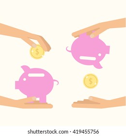 Money saving and spending. Hands holding pig with coins. Vector illustration for financial economy. Flat style