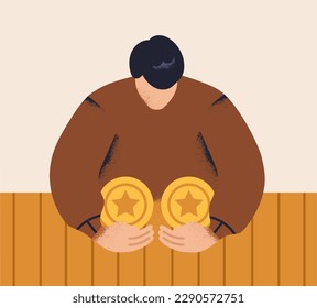 Money saving, stash concept. Stingy greedy person cheapskate concealing finance, coins. Miser protecting capital, concealing budget. Financial greed, abstract flat vector illustration