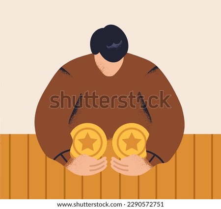 Money saving, stash concept. Stingy greedy person cheapskate concealing finance, coins. Miser protecting capital, concealing budget. Financial greed, abstract flat vector illustration