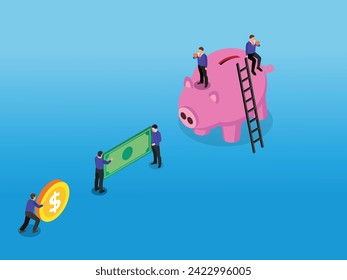 Money saving - tiny persons concept with budget piggy bank 3d isometric vector illustration