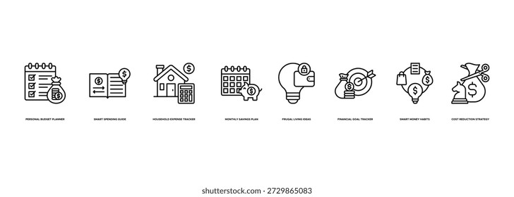 Geldspartipps Banner Illustration Konzept mit Personal Budget Planner, Smart Spending Guide, Haushaltsausgaben-Tracker, monatlicher Sparplan, sparsame Lebensideen, Financial Goal Tracker, Smart Money Habits und Kostensenkungsstrategie