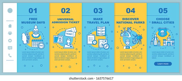 Money saving tips for travelers onboarding vector template. Affordable vacation, budget tourism. Responsive mobile website with icons. Webpage walkthrough step screens. RGB color concept