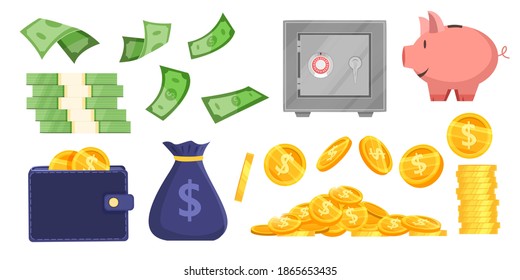 Money saving vector bank illustration set with coins, money bag, piggy bank, wallet, secure safe, dollar bills. Economy collection with cartoon finance objects isolated on white. Money saving clipart