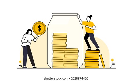 Concepto de ilustración vectorial de ahorro de dinero con caracteres. Ilustración vectorial moderna en estilo plano para página de inicio, aplicación móvil