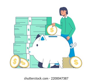 Money saving, woman with piggy bank collecting dollar banknotes and gold coins. Rich girl putting money to piggy bank vector illustration. Flat money saving concept