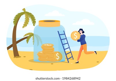 Acumulación de ahorros de dinero en paraísos fiscales. Símbolo de la orilla de cerdo en una playa soleada. El dinero de las monedas de oro descansa de los impuestos. Diseño de vector de cartografía metáfora abstracta plana aislado sobre fondo blanco.