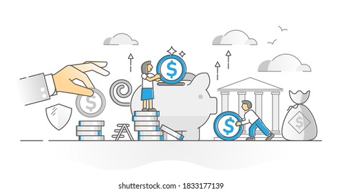 Money savings in bank account as deposit and accumulation monocolor outline concept. Wealth and income protection strategy for backup finance preservation vector illustration. Economical safety scene.