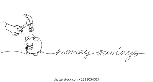 Money savings, bank, banking, piggy bank, hummer one line art. Continuous line drawing of bank, financial, payment, data, economic, wealth credit with an inscription, lettering, handwritten.