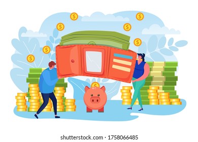 Money savings, business finance vector illustration. Cash and coin in wallet, flat investment concept. People, man and woman characters with bank payment, cartoon currency income and financial purse.
