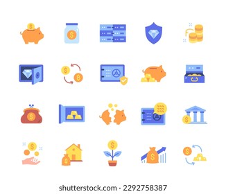 Money savings color icons set. Financial literacy and passive income. Whole and broken piggy bank with gold coins and banknotes. Diamond and gold bars in safe. Flat vector illustration collection