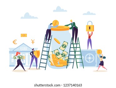 Money Savings Concept. Business People Characters Investing Money on Bank Account. Moneybox, Safe Deposit, Banking. Vector illustration