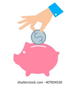 Money savings concept. Flat vector illustration of piggy bank and hand with coin. Businessman putting a coin in a piggy-bank to save finance. Template for infographic, web, publish, social networks.