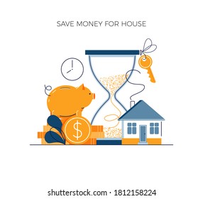 Money Savings Concept, Invest Money For Private House Buying. Toss Gold Coins In Piggy Bank. Future Financial Planning Investment. Cash Savings And Save Money Vector Illustration In Modern Flat Style