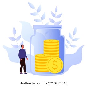 Money savings concept. Profit on the investment, deposit return. Businessman investing money. Finical consultation. Money on the bank account. Funding. Flat vector illustration