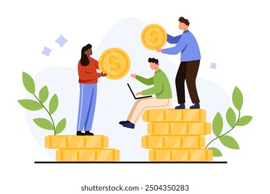 Money savings, decision of stock market investment, bank deposit, financial wealth. Tiny people receive cash income, investors with profit, stack of gold dollar coins cartoon vector illustration
