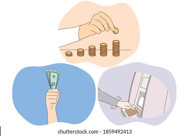 Money savings, earning financial wealth concept. Hands of people making stacks of golden coins, holding heap of cash, making withdrawal on atm machine. Finance, payment, credit, investing illustration