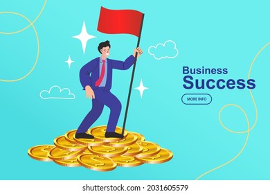 Money savings. Earnings. Businessman Holding Flag and Standing on The Pile of Gold Coin. Business Success and Financial Concept. vector illustration