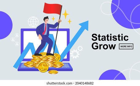 Money savings. Earnings. Businessman Holding Flag and Standing on The Pile of Gold Coin. Business Success and Financial Concept. online income Concept. Saving and investing money. vector illustration.