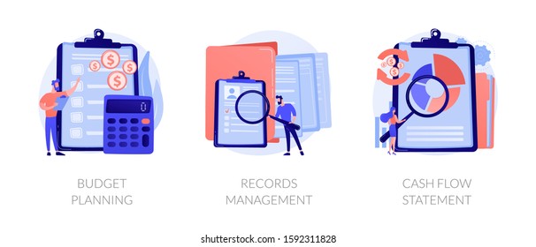 Money savings estimation, files organization system, financial report icons set. Budget planning, records management, cash flow statement metaphors. Vector isolated concept metaphor illustrations