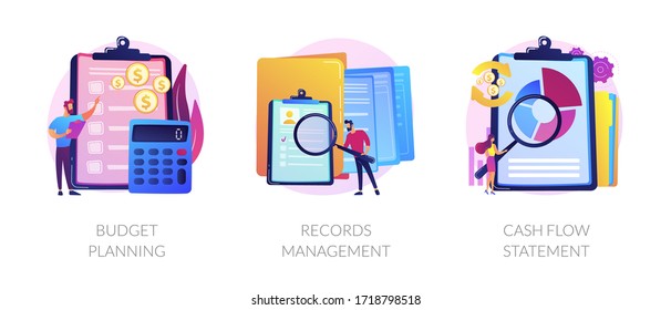 Money savings estimation, files organization system, financial report icons set. Budget planning, records management, cash flow statement metaphors. Vector isolated concept metaphor illustrations