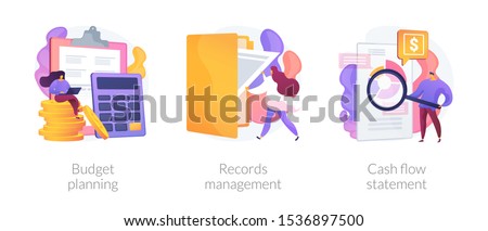 Money savings estimation, files organization system, financial report icons set. Budget planning, records management, cash flow statement metaphors. Vector isolated concept metaphor illustrations