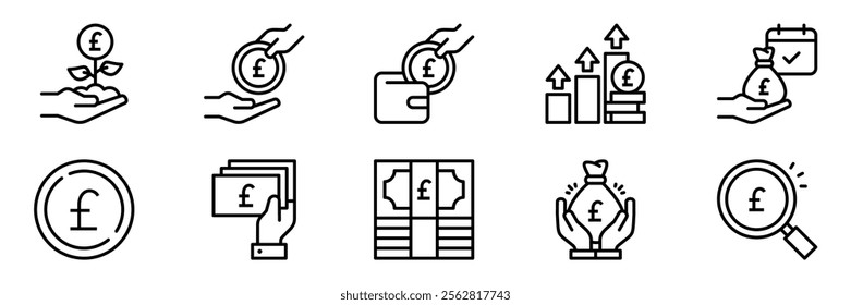 Money savings and finance vector line icons set. Collection of isolated icons such as money, pound,  coin, hand, banknote, finance and more. Collection of isolated icons related to pound currency