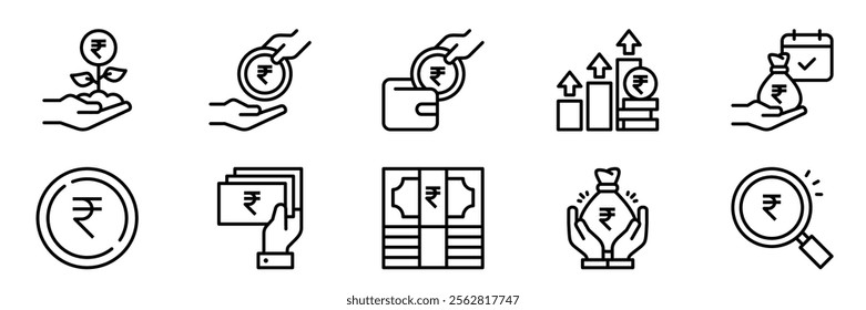 Money savings and finance vector line icons set. Collection of isolated icons such as money, rupee,  coin, hand, banknote, finance and more. Collection of isolated icons related to rupee currency