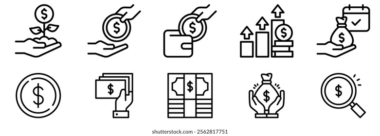 Money savings and finance vector line icons set. Collection of isolated icons such as money, dollar,  coin, hand, banknote, finance and more. Collection of isolated icons related to dollar currency