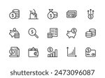 Money savings and finance vector linear icons set. Isolated icon collection such as money, dollar, currency, coins, hand, credit card, finance and more. Isolated icon collection of money related.