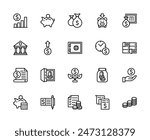Money savings and finance vector linear icons set. Contains such icons as financial growth, currency, coin, money box, safe and more. Isolated Money related icons collection on white background.