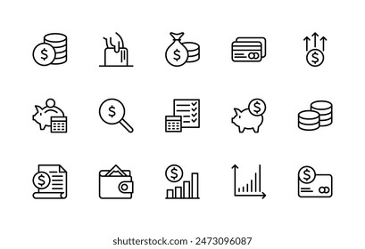 Money savings and finance vector linear icons set. Isolated icon collection such as money, dollar, currency, coins, hand, credit card, finance and more. Isolated icon collection of money related.