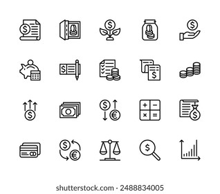 Money savings and finance vector linear icons set. Contains such icons as contract, dollar, money, Bank account, safe, coins and more. Isolated Money related icons collection on white background.