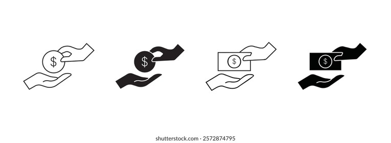 Money savings and finance vector linear icons set. Isolated icon collection such as money, dollar, currency, coins, hand, finance and more.