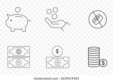 Money savings and finance vector linear icons set. Isolated icon collection such as money, dollar, currency, coins, hand, credit card, finance and more. Isolated icon collection of money related.
