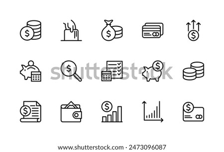 Money savings and finance vector linear icons set. Isolated icon collection such as money, dollar, currency, coins, hand, credit card, finance and more. Isolated icon collection of money related.