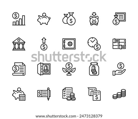 Money savings and finance vector linear icons set. Contains such icons as financial growth, currency, coin, money box, safe and more. Isolated Money related icons collection on white background.