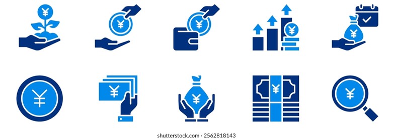 Money savings and finance vector solid icons set. Collection of isolated icons such as money, yen,  coin, hand, banknote, finance and more. Collection of isolated icons related to yen currency