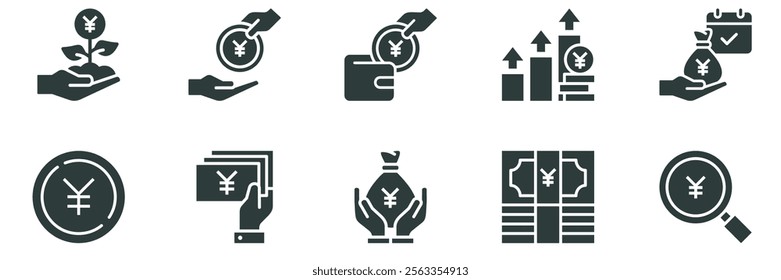Money savings and finance vector solid icons set. Collection of isolated icons such as money, yen, coin, hand, banknote, finance and more. Collection of isolated icons related to yen currency