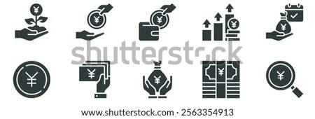 Money savings and finance vector solid icons set. Collection of isolated icons such as money, yen, coin, hand, banknote, finance and more. Collection of isolated icons related to yen currency