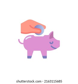 Money savings flat icon, vector sign, hand putting money into piggy box colorful pictogram isolated on white. Symbol, logo illustration. Flat style design