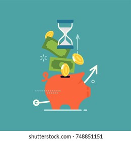 Money savings flat vector concept design with abstract piggy bank, cash money, coins and hourglass