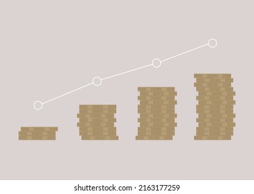 A money savings growth diagram, stacks of coins rising in time