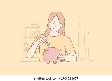 Money, savings, investment, capital concept. Young happy student woman teenager girl puts cash in piglike moneybox. Making bank deposit investment currency.